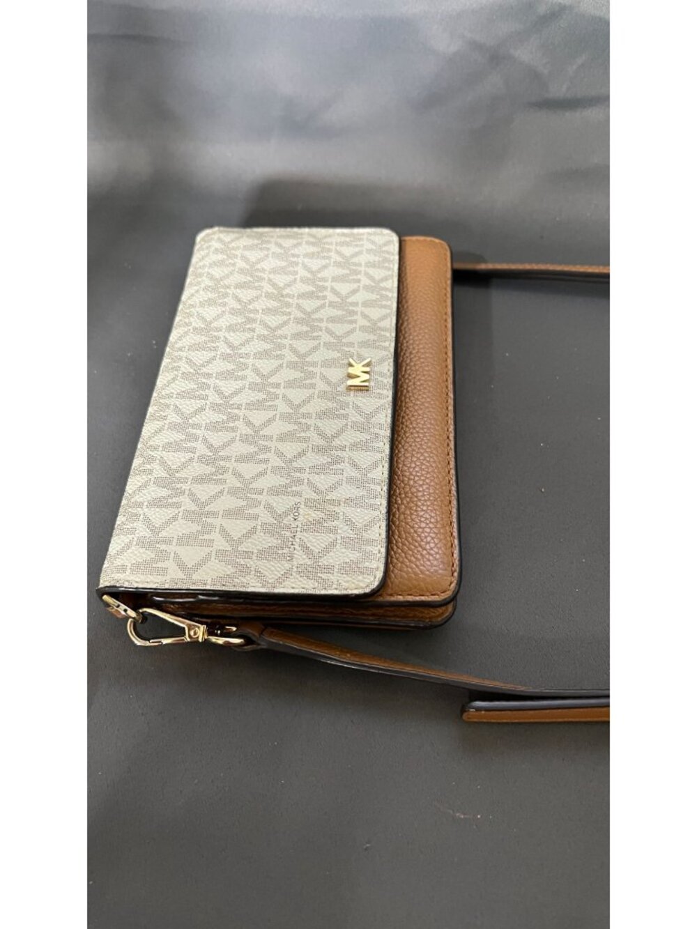Michael Kors Monogram Wallet-On-Strap Crossbody Tan/White - Picture 7 of 16